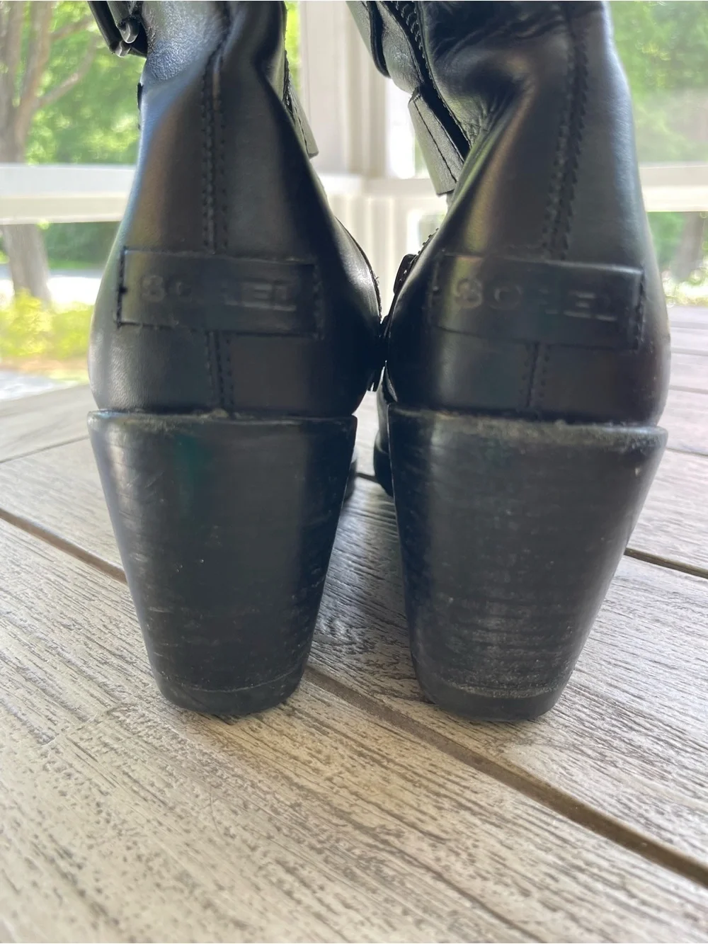 Sorel After Hours Black Leather Wedge  Buckle Straps Boots - Women Size 10